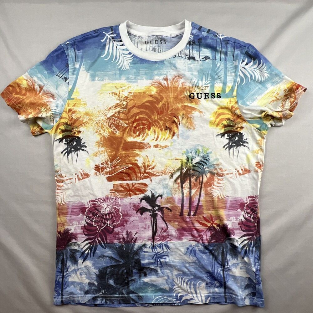 Guess Los Angeles Men's Short Sleeve Tee Tropical Embroidered Logo Medium